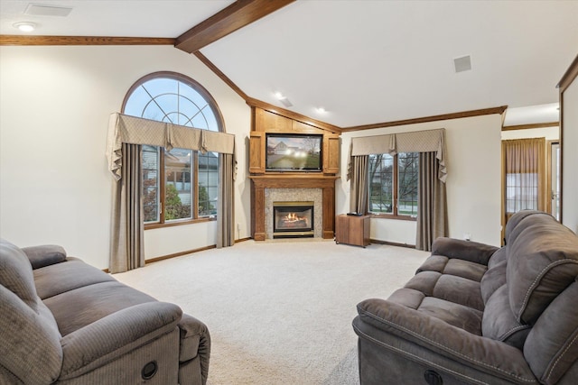 living room featuring vaulted ceiling with beams, carpet floors, and ornamental molding