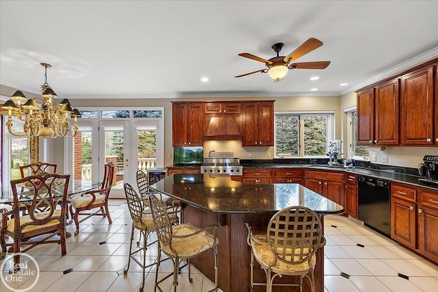 kitchen featuring black dishwasher, stove, crown molding, premium range hood, and a kitchen bar