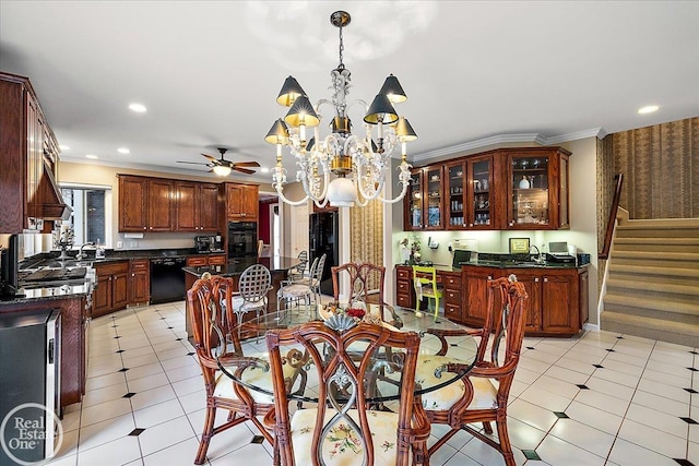 dining area featuring ceiling fan with notable chandelier, stairway, crown molding, and recessed lighting