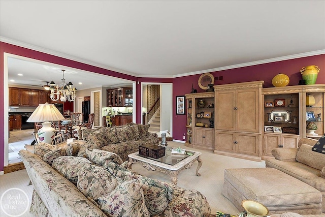 living room featuring light carpet, an inviting chandelier, stairway, and crown molding