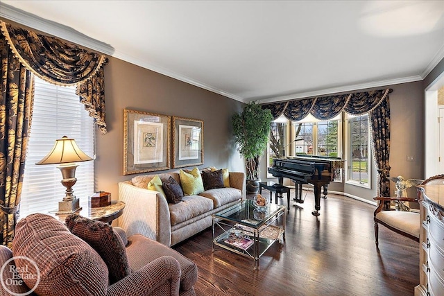 living area with ornamental molding, wood finished floors, and baseboards