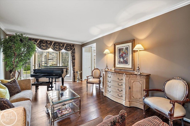 living area featuring crown molding, baseboards, and dark wood-style flooring