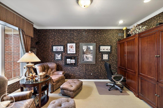 office space with wallpapered walls, ornamental molding, carpet flooring, and recessed lighting