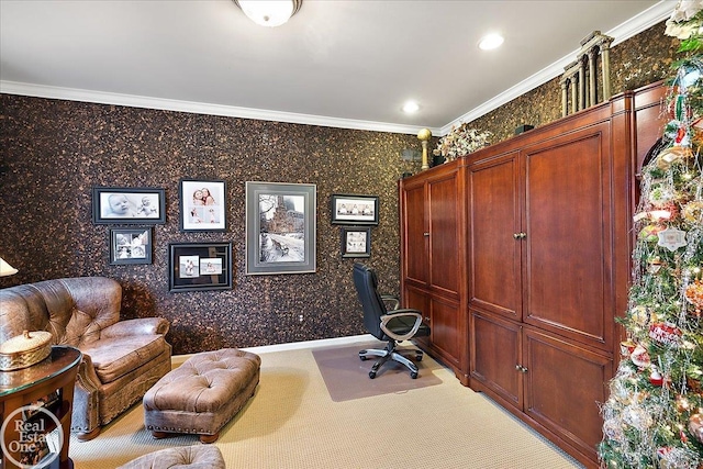 carpeted home office with baseboards, wallpapered walls, recessed lighting, and crown molding