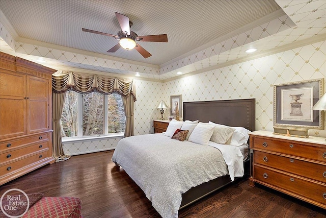 bedroom with ornamental molding, a ceiling fan, dark wood-type flooring, and wallpapered walls