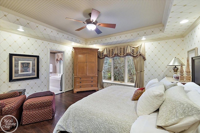 bedroom featuring dark wood-style flooring, a ceiling fan, wallpapered walls, washer / dryer, and crown molding