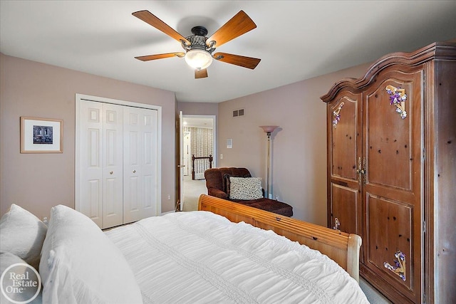 bedroom with visible vents, a closet, and a ceiling fan