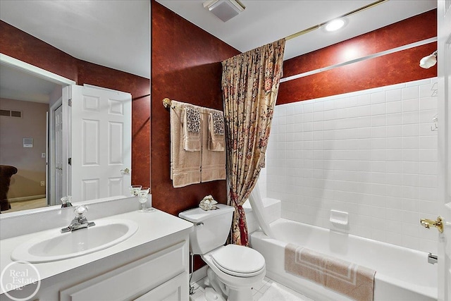 full bath with toilet, vanity, shower / bath combo with shower curtain, and visible vents