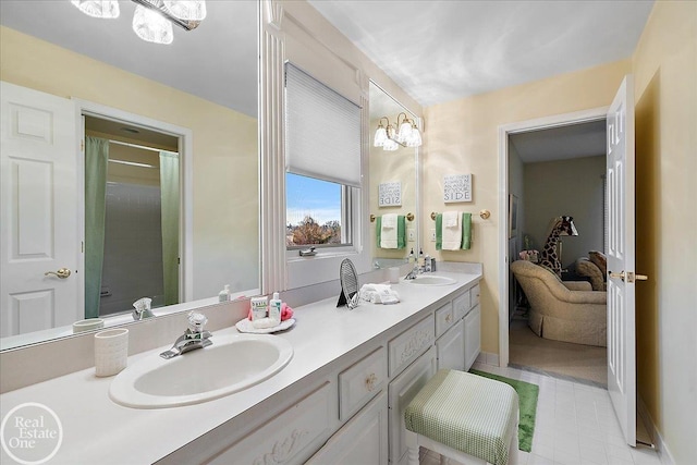 full bathroom featuring double vanity, a sink, and a shower with curtain