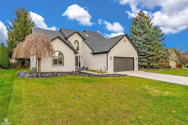 view of front of house with a front lawn and a garage