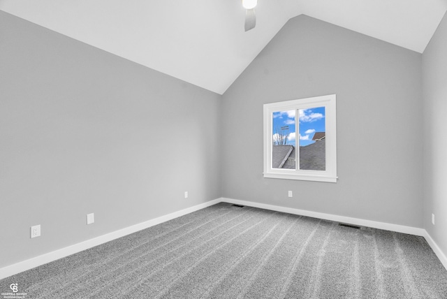 bonus room with ceiling fan, carpet, and high vaulted ceiling