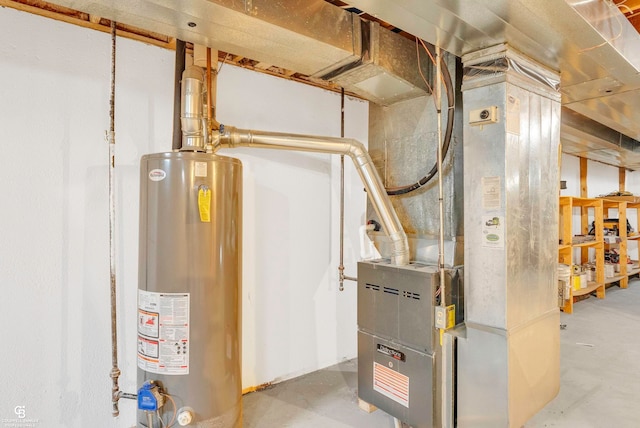 utility room with gas water heater and heating unit