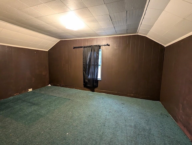 additional living space with wood walls, carpet floors, and vaulted ceiling