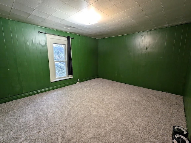 empty room featuring carpet flooring and wood walls