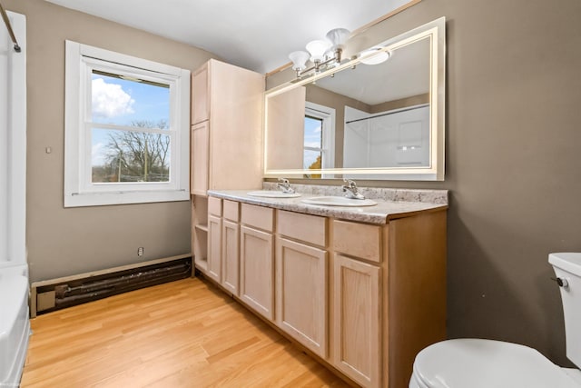 bathroom featuring hardwood / wood-style flooring, vanity, a healthy amount of sunlight, and toilet