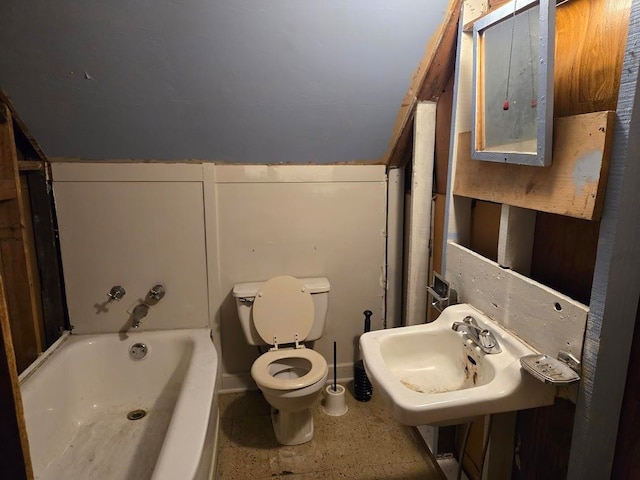 bathroom with a washtub, toilet, and sink