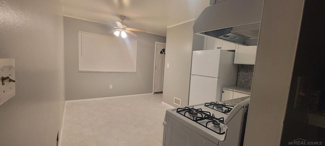 kitchen with ceiling fan, light colored carpet, white appliances, and ventilation hood