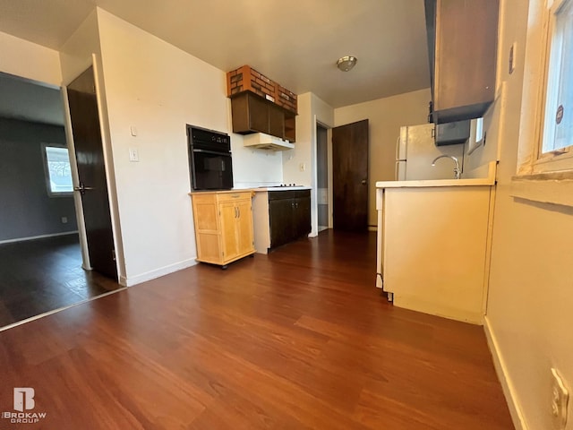 kitchen featuring black oven, sink, dark hardwood / wood-style floors, and white refrigerator