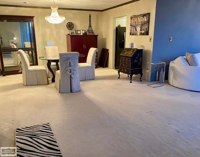 living room with light carpet, a chandelier, and ornamental molding