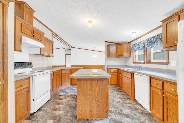 kitchen with white appliances, crown molding, sink, a textured ceiling, and a kitchen island