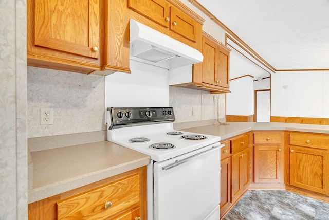 kitchen with white range with electric cooktop