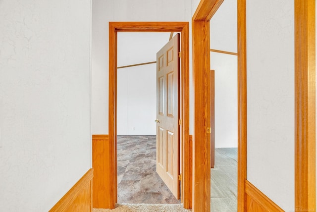 hall featuring wood walls and light colored carpet