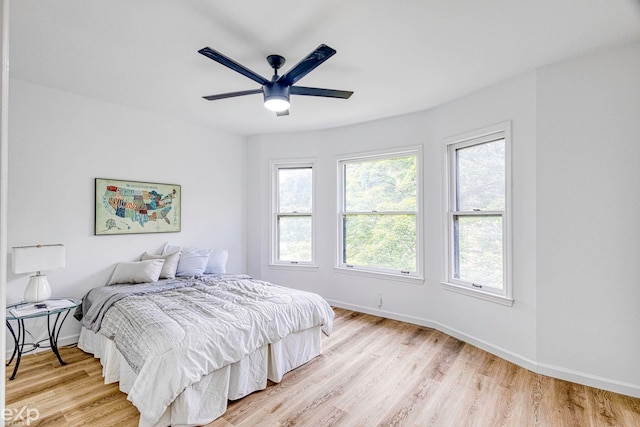 bedroom featuring ceiling fan and light hardwood / wood-style floors