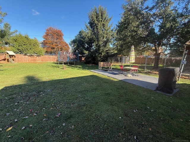 view of yard featuring a patio and a trampoline