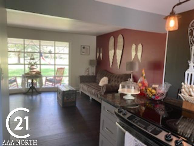 kitchen featuring dark hardwood / wood-style floors, stainless steel range with electric stovetop, and dark stone counters