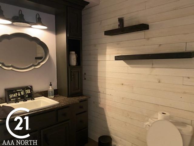 bathroom with wood walls, vanity, and toilet