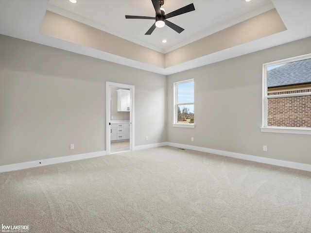 unfurnished bedroom with baseboards, a raised ceiling, and light colored carpet