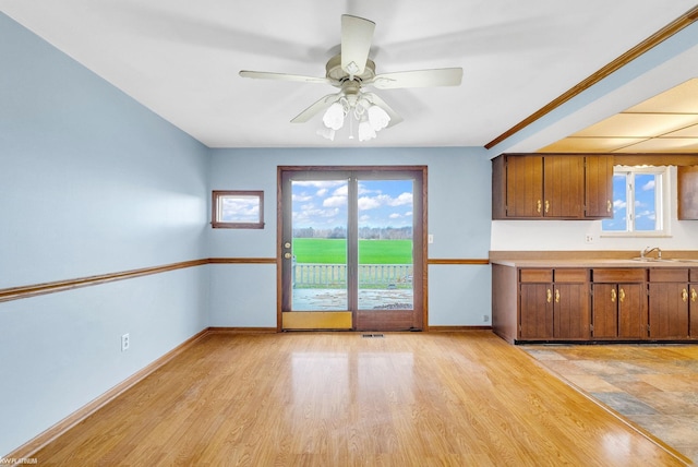 kitchen with light hardwood / wood-style floors, ceiling fan, and sink