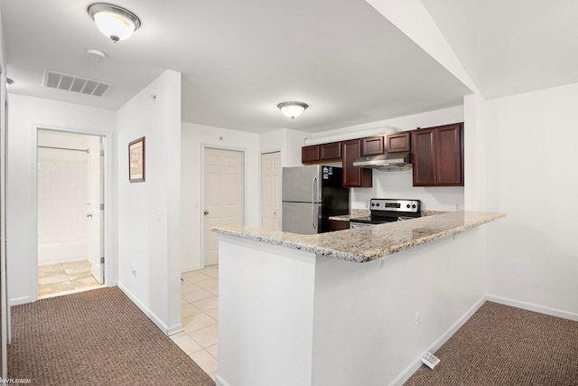 kitchen featuring kitchen peninsula, appliances with stainless steel finishes, light stone counters, dark brown cabinetry, and light tile patterned floors