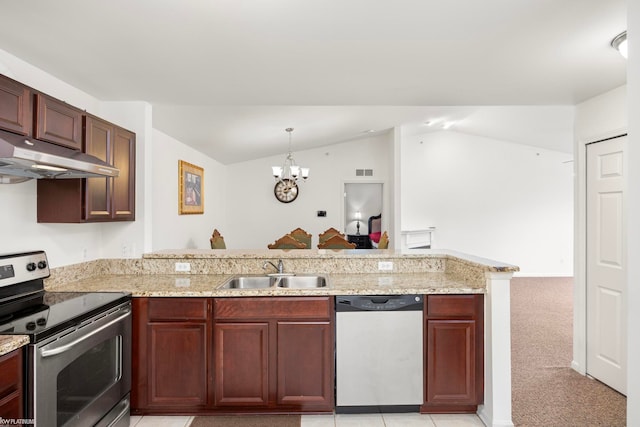 kitchen featuring kitchen peninsula, appliances with stainless steel finishes, vaulted ceiling, extractor fan, and sink