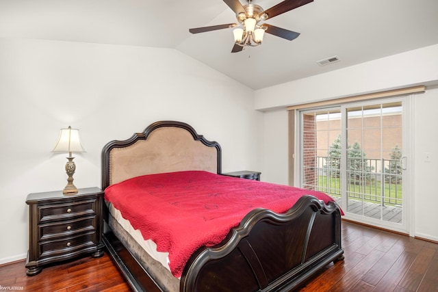 bedroom with ceiling fan, dark hardwood / wood-style floors, access to outside, and vaulted ceiling