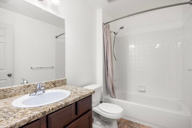 full bathroom with shower / bathtub combination with curtain, vanity, and toilet