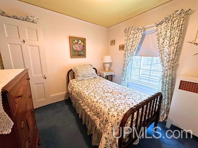 bedroom featuring dark colored carpet