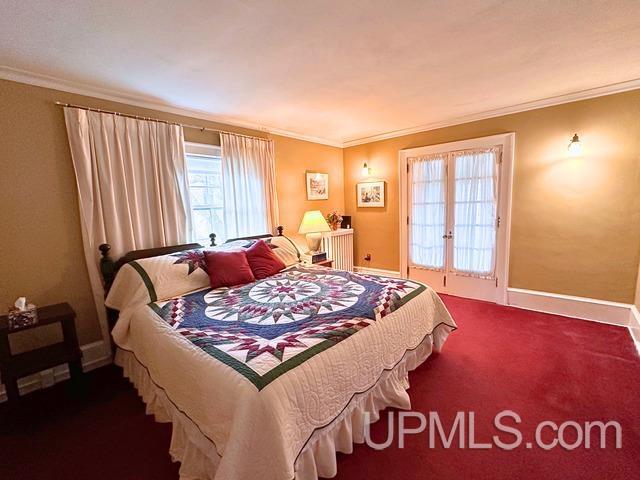 carpeted bedroom with ornamental molding