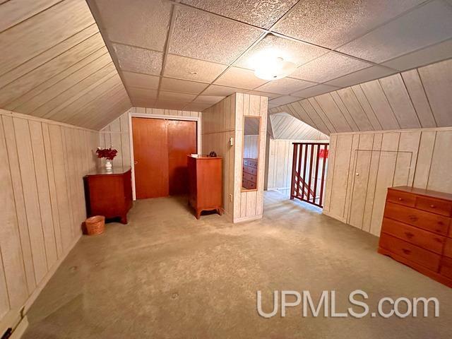 additional living space featuring wood walls, lofted ceiling, and light carpet