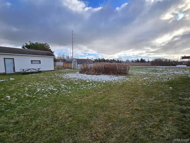 view of yard with a storage shed