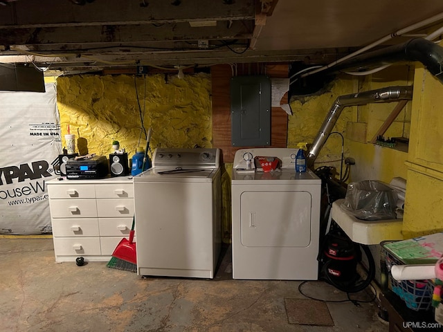 laundry room featuring electric panel and washer and clothes dryer