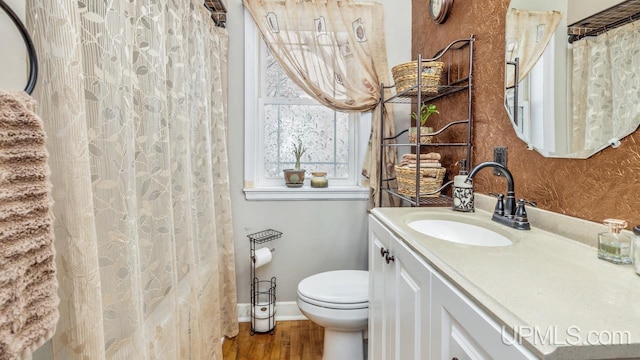 bathroom with vanity, hardwood / wood-style flooring, and toilet