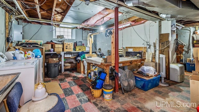 basement featuring separate washer and dryer and electric panel