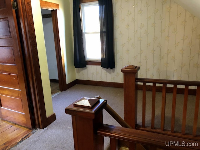 interior space featuring carpet and lofted ceiling