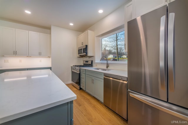 kitchen featuring white cabinets, sink, light wood-type flooring, and stainless steel appliances