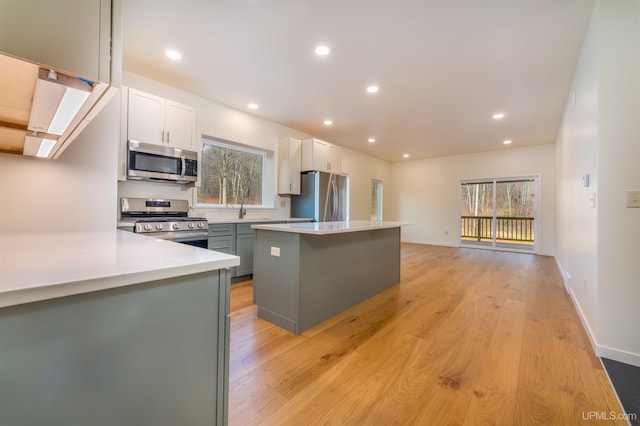 kitchen with white cabinetry, plenty of natural light, light hardwood / wood-style floors, and appliances with stainless steel finishes