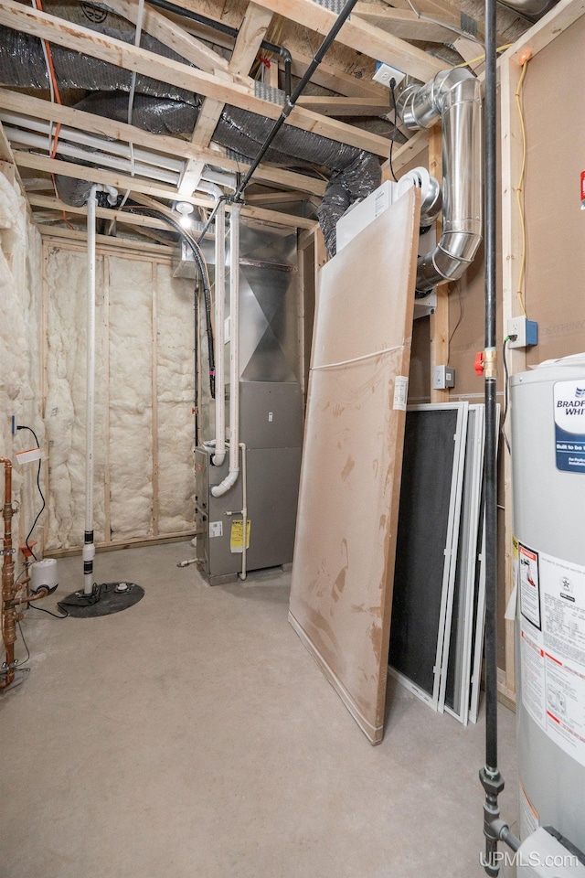 basement with heating unit and water heater