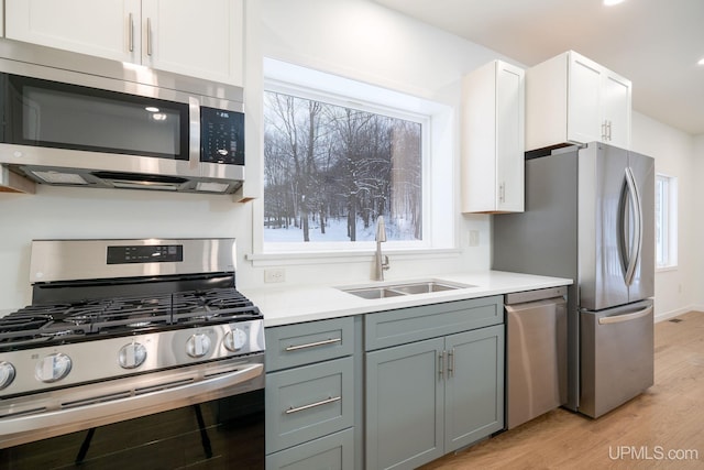 kitchen featuring sink, light hardwood / wood-style flooring, gray cabinets, white cabinetry, and stainless steel appliances