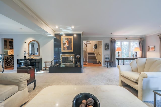 carpeted living room featuring ornamental molding