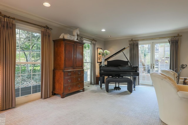 miscellaneous room featuring plenty of natural light, light colored carpet, and ornamental molding